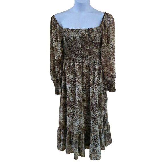 Animal Print Long Sleeve Smocked Midi Ruffle Hem milk maid cottagecore peasant - Picture 1 of 9